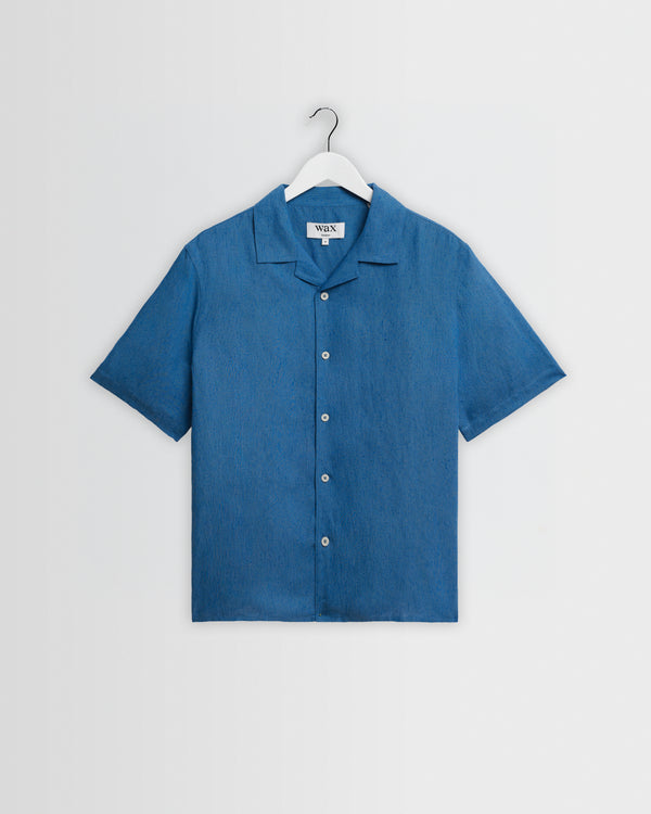 wax london men's Didcot - Mid-Blue Silk Linen Short-Sleeve Shirt