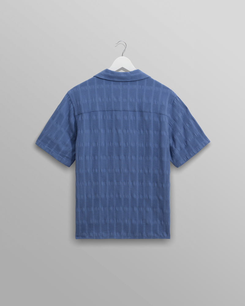 wax london men's Didcot - Mid-Blue Seersucker Cotton Short-Sleeve Shirt