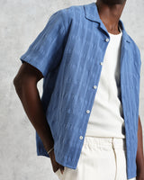 wax london men's Didcot - Mid-Blue Seersucker Cotton Short-Sleeve Shirt
