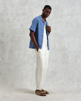 wax london men's Didcot - Mid-Blue Seersucker Cotton Short-Sleeve Shirt