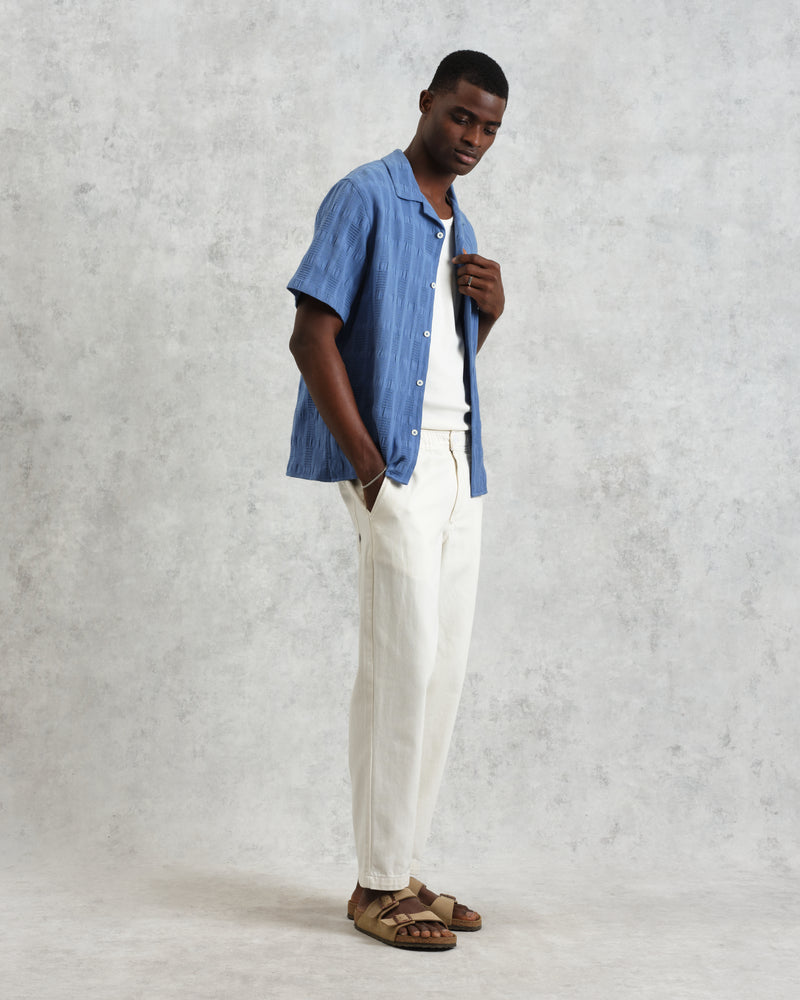 wax london men's Didcot - Mid-Blue Seersucker Cotton Short-Sleeve Shirt