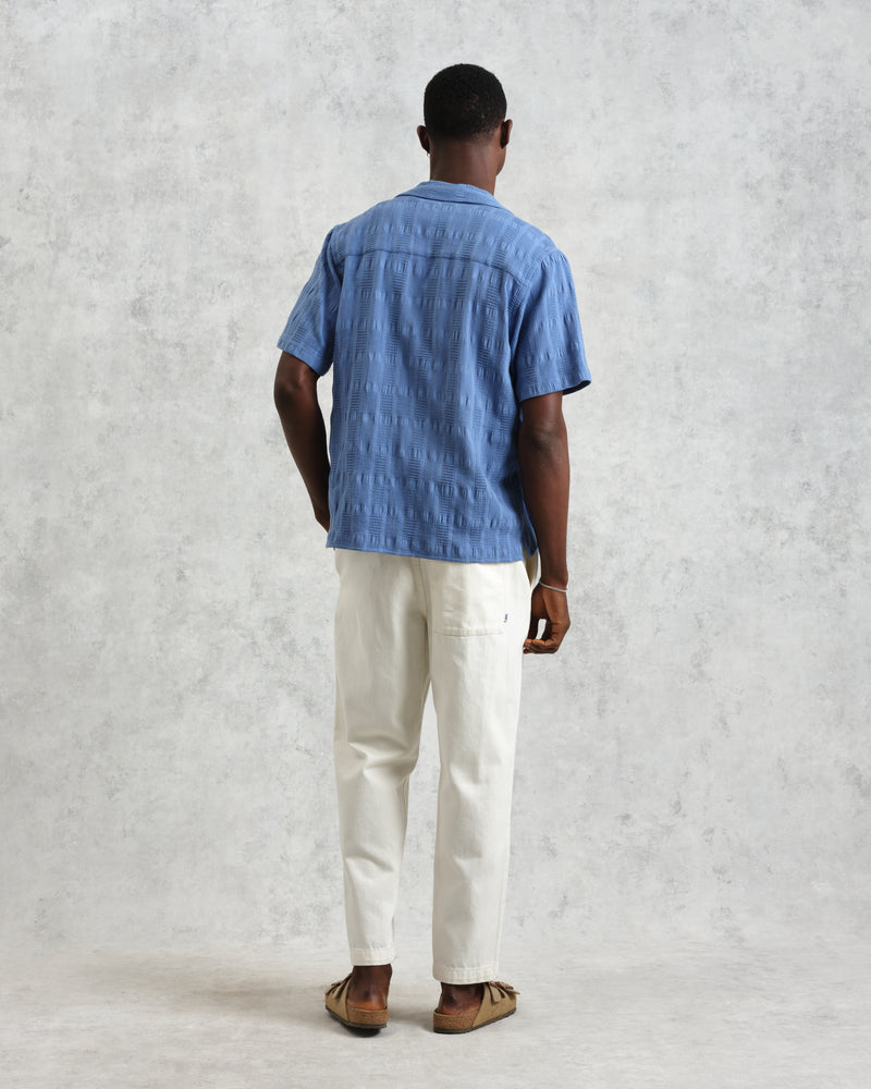 wax london men's Didcot - Mid-Blue Seersucker Cotton Short-Sleeve Shirt