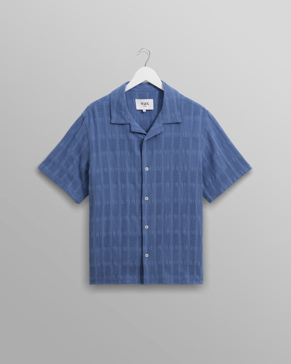 wax london men's Didcot - Mid-Blue Seersucker Cotton Short-Sleeve Shirt