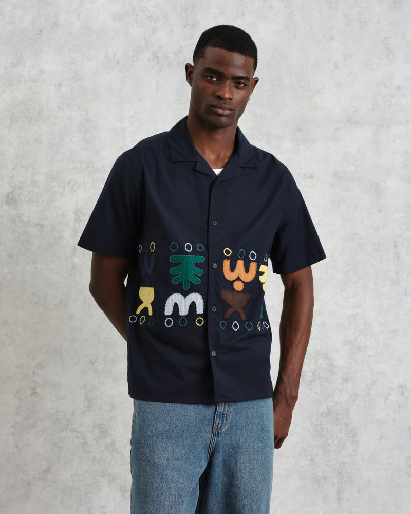 wax london Didcot - Navy And Multicolour Bold Doodle Appiqué Short-Sleeve Shirt