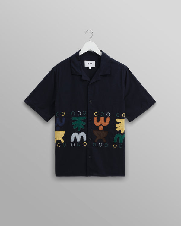 wax london Didcot - Navy And Multicolour Bold Doodle Appiqué Short-Sleeve Shirt
