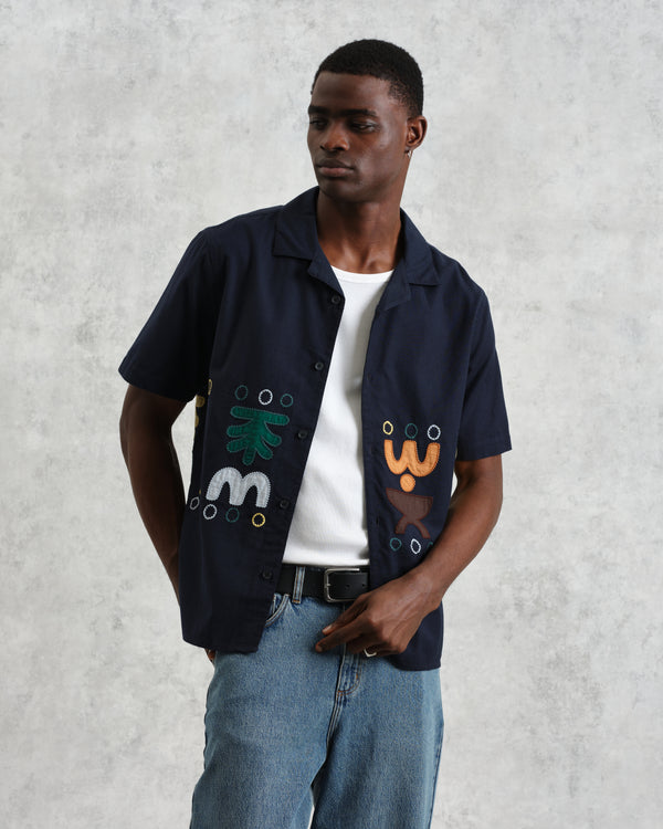 wax london men's Didcot - Navy And Multicolour Bold Doodle Appliqué Short-Sleeve Shirt