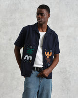 wax london men's Didcot - Navy And Multicolour Bold Doodle Appliqué Short-Sleeve Shirt