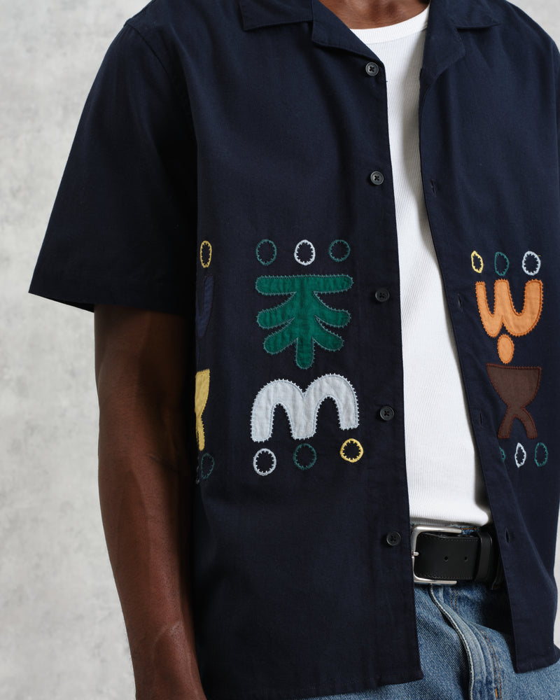 wax london men's Didcot - Navy And Multicolour Bold Doodle Appliqué Short-Sleeve Shirt