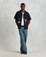 wax london men's Didcot - Navy And Multicolour Bold Doodle Appliqué Short-Sleeve Shirt