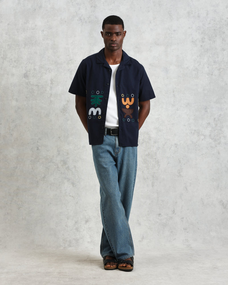 wax london men's Didcot - Navy And Multicolour Bold Doodle Appliqué Short-Sleeve Shirt