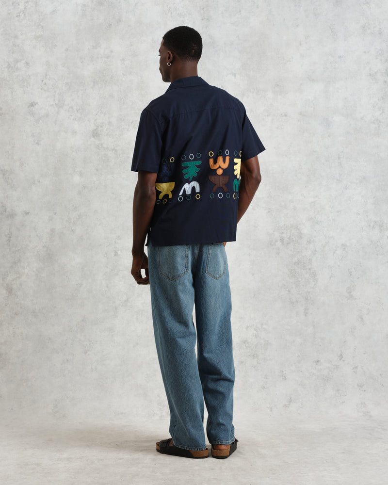 wax london men's Didcot - Navy And Multicolour Bold Doodle Appliqué Short-Sleeve Shirt