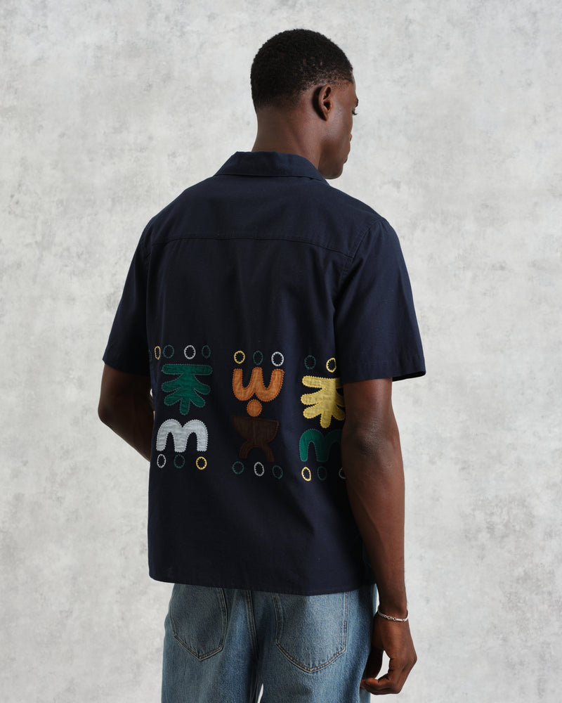 wax london men's Didcot - Navy And Multicolour Bold Doodle Appliqué Short-Sleeve Shirt