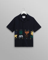 wax london men's Didcot - Navy And Multicolour Bold Doodle Appliqué Short-Sleeve Shirt