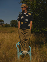 wax london men's Didcot - Navy And Multicolour Floral Applique Short-Sleeve Shirt