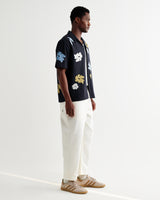 wax london men's Didcot - Navy And Multicolour Floral Applique Short-Sleeve Shirt
