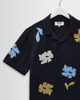 wax london men's Didcot - Navy And Multicolour Floral Applique Short-Sleeve Shirt
