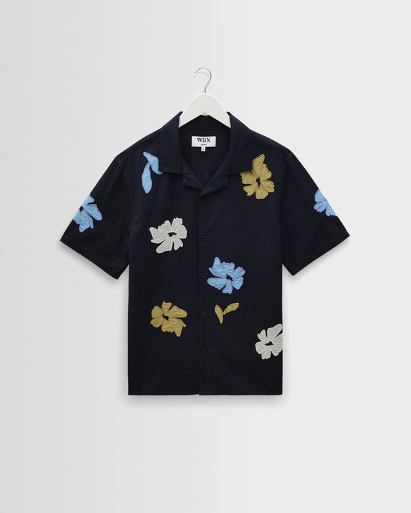 wax london men's Didcot - Navy And Multicolour Floral Applique Short-Sleeve Shirt