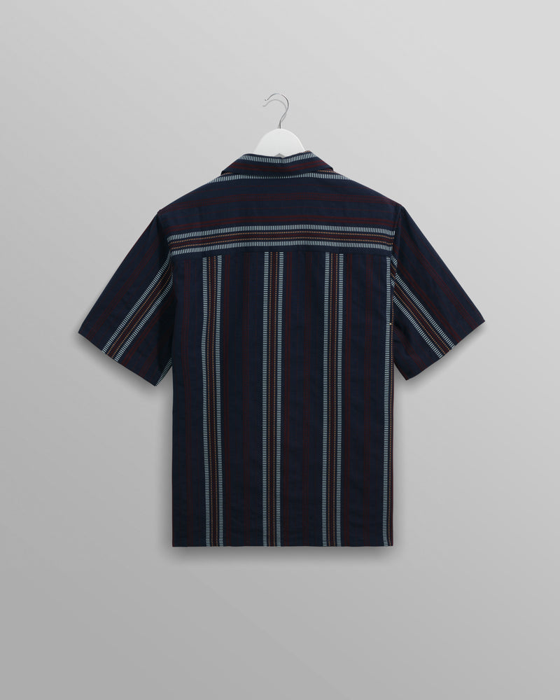 wax london Didcot - Navy And Multicolour Stripe Dobby Cotton Short-Sleeve Shirt