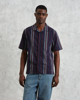 wax london Didcot - Navy And Multicolour Stripe Dobby Cotton Short-Sleeve Shirt