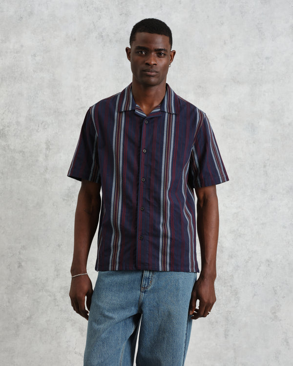 wax london Didcot - Navy And Multicolour Stripe Dobby Cotton Short-Sleeve Shirt