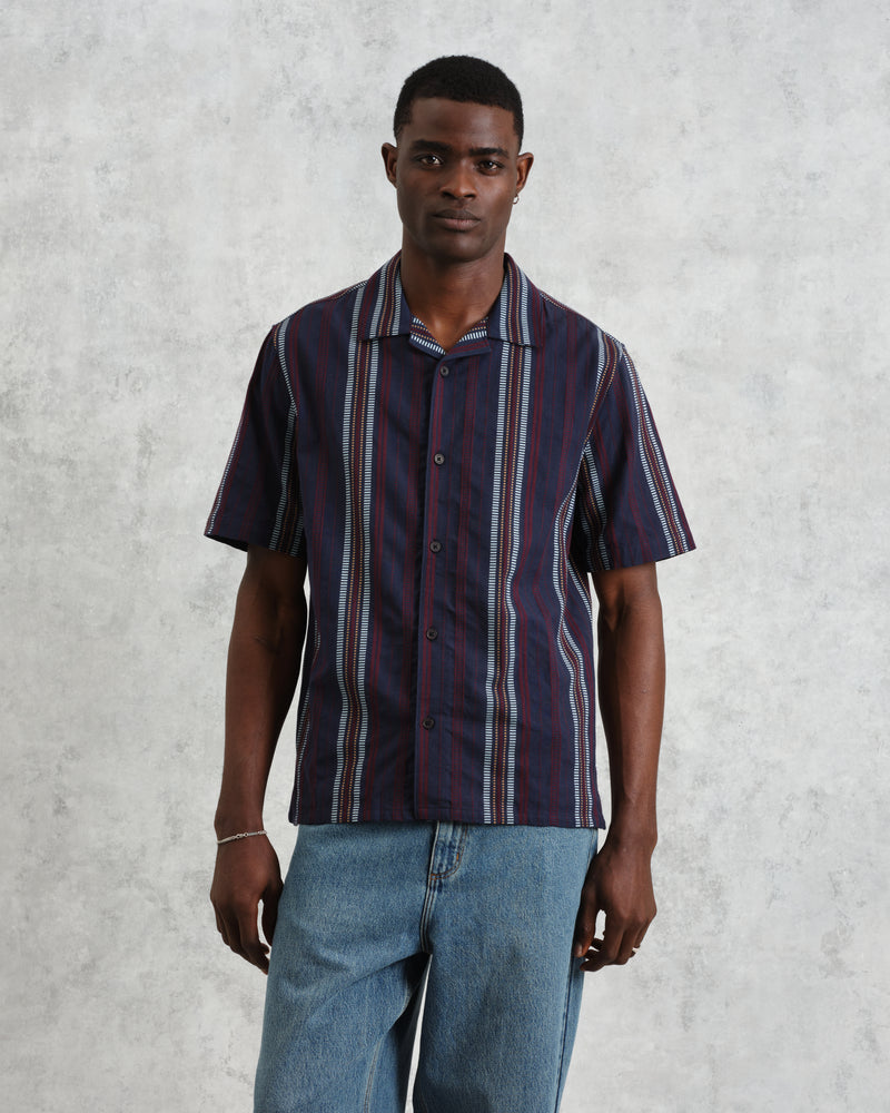 wax london Didcot - Navy And Multicolour Stripe Dobby Cotton Short-Sleeve Shirt