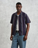 wax london Didcot - Navy And Multicolour Stripe Dobby Cotton Short-Sleeve Shirt
