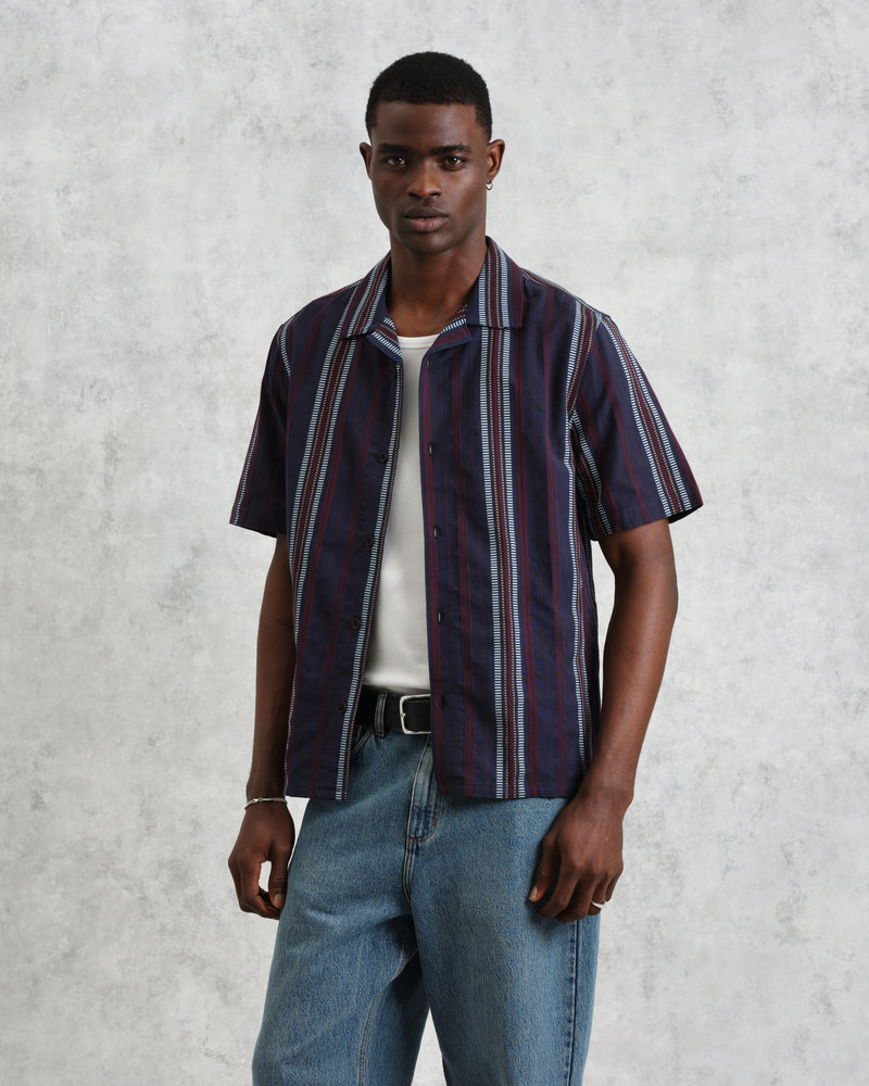 wax london Didcot - Navy And Multicolour Stripe Dobby Cotton Short-Sleeve Shirt