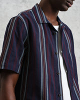 wax london Didcot - Navy And Multicolour Stripe Dobby Cotton Short-Sleeve Shirt