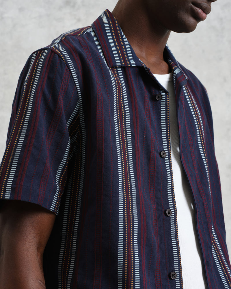 wax london Didcot - Navy And Multicolour Stripe Dobby Cotton Short-Sleeve Shirt