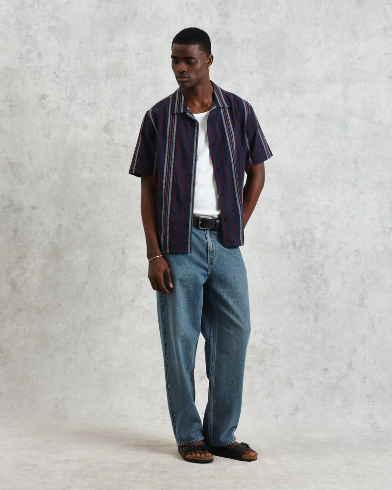 wax london Didcot - Navy And Multicolour Stripe Dobby Cotton Short-Sleeve Shirt