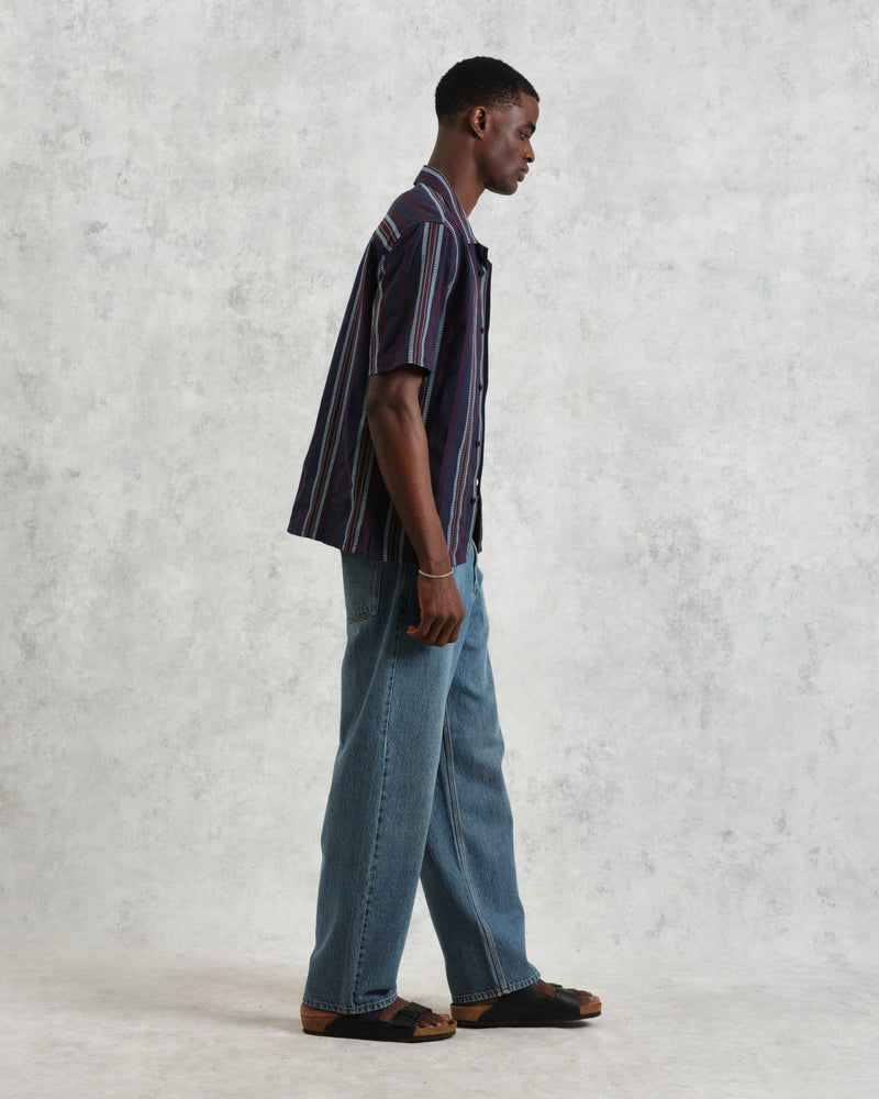 wax london Didcot - Navy And Multicolour Stripe Dobby Cotton Short-Sleeve Shirt