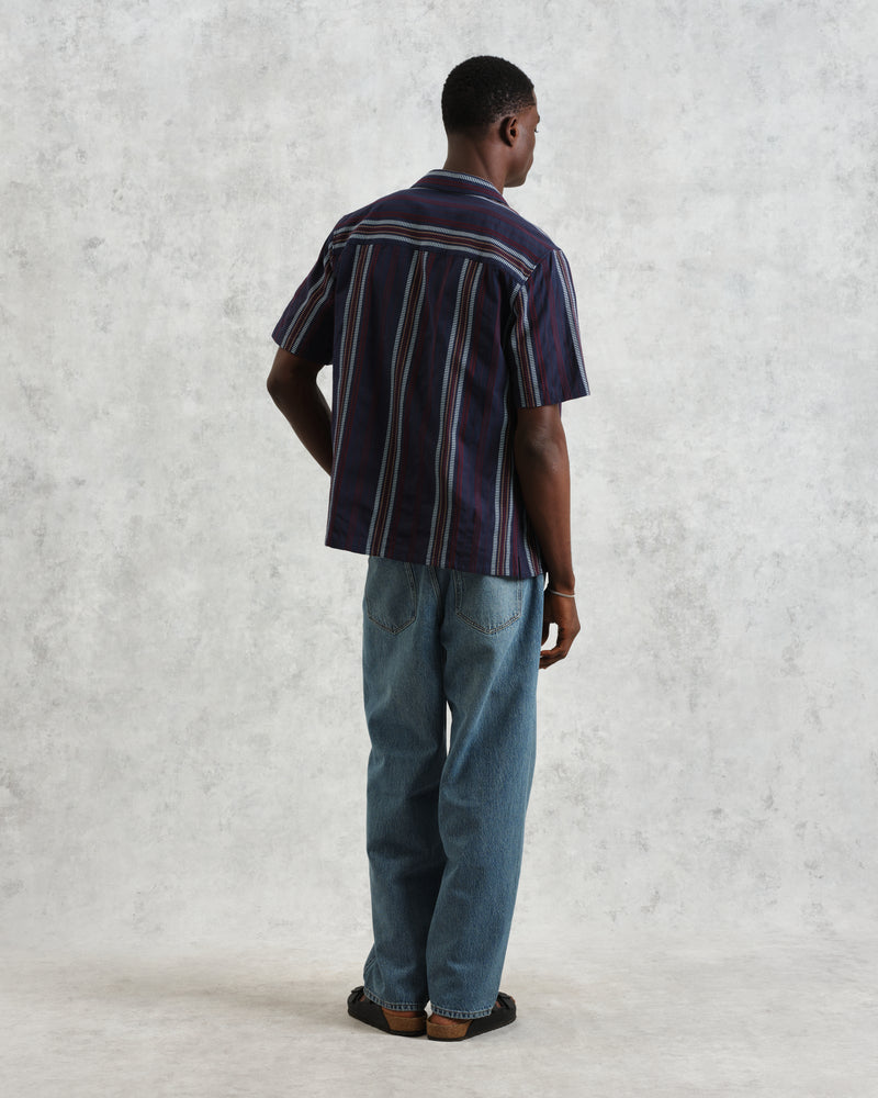 wax london Didcot - Navy And Multicolour Stripe Dobby Cotton Short-Sleeve Shirt