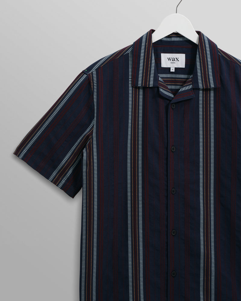 wax london Didcot - Navy And Multicolour Stripe Dobby Cotton Short-Sleeve Shirt