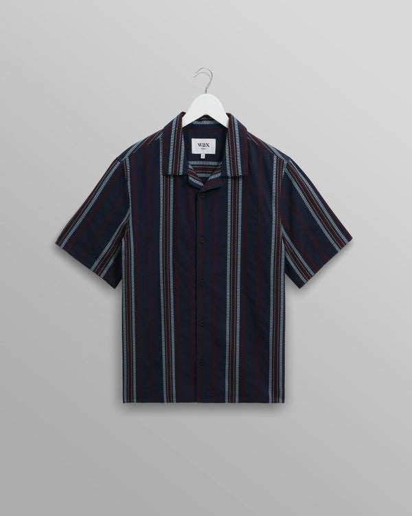 wax london men's Didcot - Navy And Multicolour Stripe Dobby Cotton Short-Sleeve Shirt