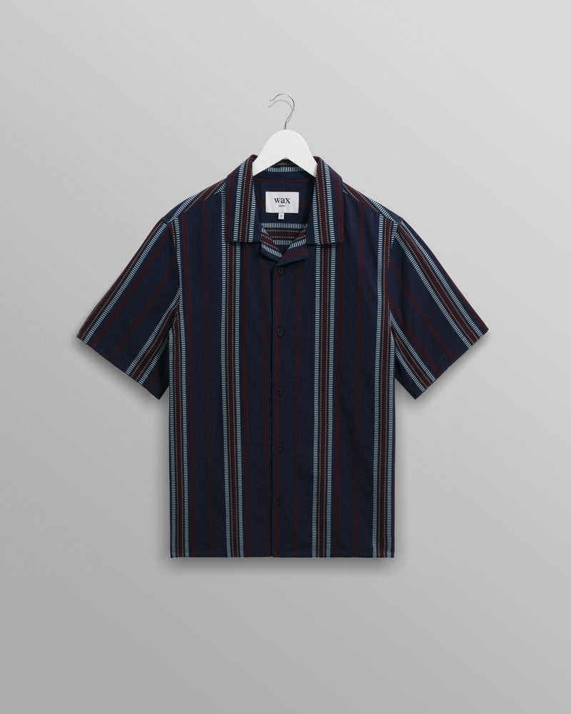 wax london Didcot - Navy And Multicolour Stripe Dobby Cotton Short-Sleeve Shirt