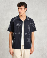 wax london Didcot - Navy Bold Floral Embroidered Short-Sleeve Shirt