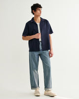 wax london men's Didcot - Navy Cross-Stitch Border Short-Sleeve Shirt