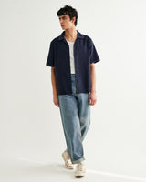 wax london men's Didcot - Navy Cross-Stitch Border Short-Sleeve Shirt