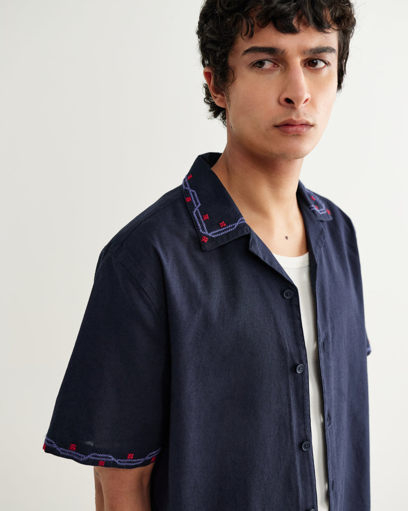 Men's Navy Cross-Stitch Border Short-Sleeve Shirt | Wax London