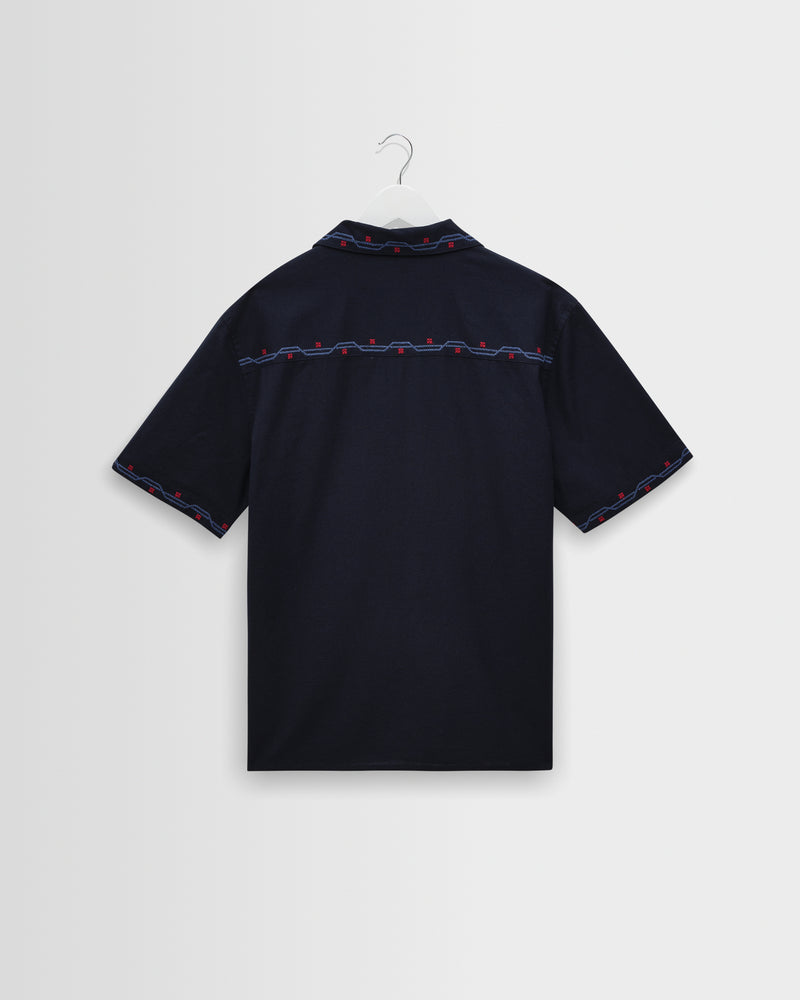 Men's Navy Cross-Stitch Border Short-Sleeve Shirt | Wax London