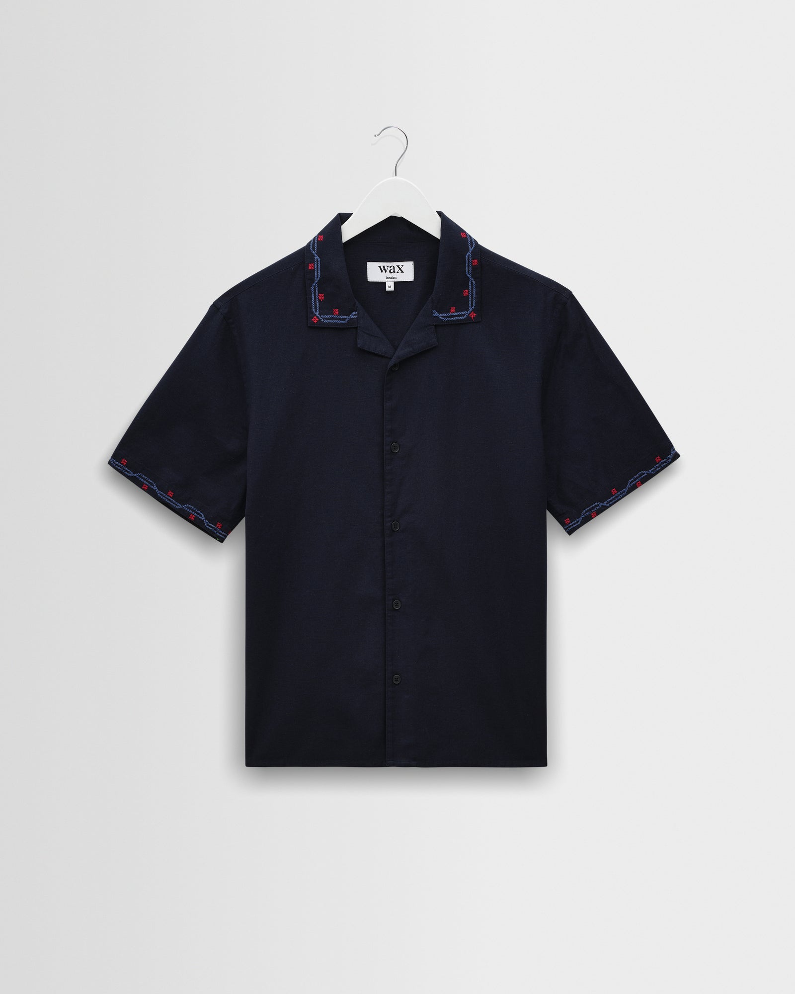 Men's Navy Cross-Stitch Border Short-Sleeve Shirt | Wax London