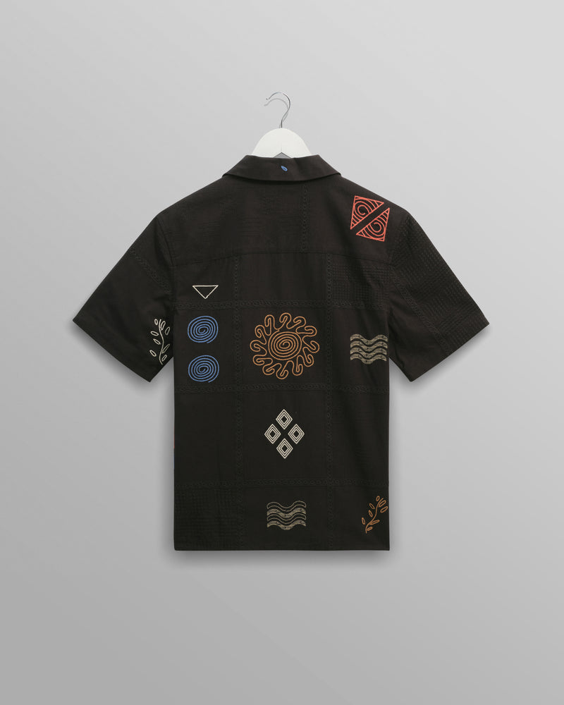 wax london men's Didcot - Navy Doodle Embroidered Short-Sleeve Shirt