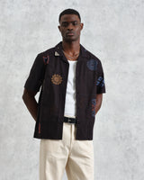 wax london men's Didcot - Navy Doodle Embroidered Short-Sleeve Shirt