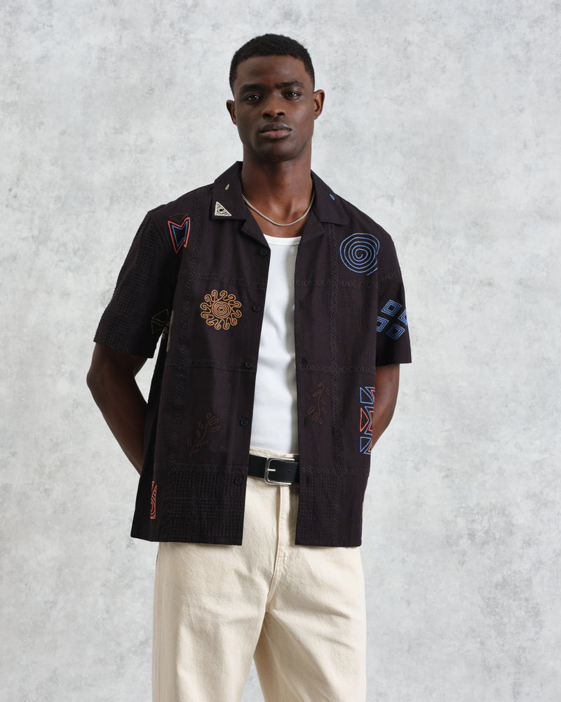 wax london men's Didcot - Navy Doodle Embroidered Short-Sleeve Shirt