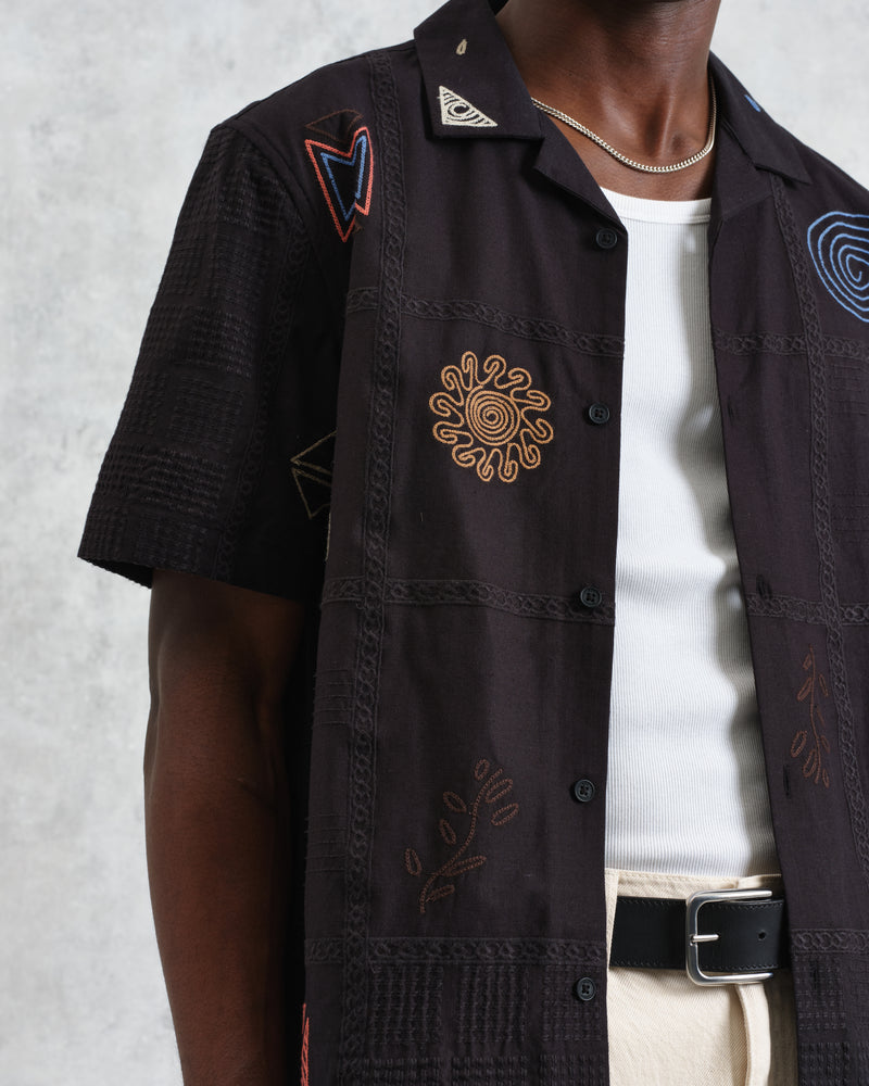 wax london men's Didcot - Navy Doodle Embroidered Short-Sleeve Shirt