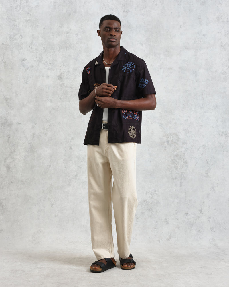 wax london men's Didcot - Navy Doodle Embroidered Short-Sleeve Shirt