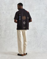 wax london men's Didcot - Navy Doodle Embroidered Short-Sleeve Shirt