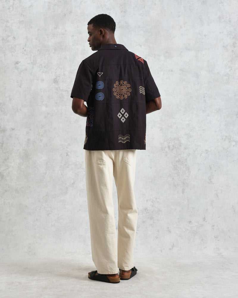 wax london men's Didcot - Navy Doodle Embroidered Short-Sleeve Shirt