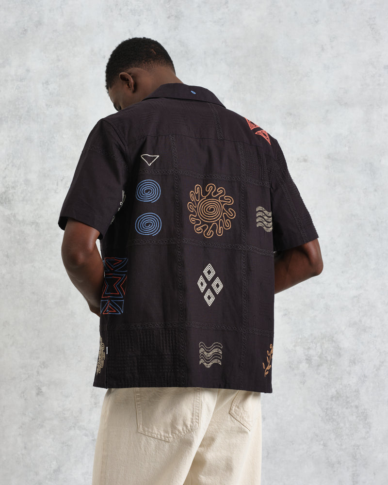 wax london men's Didcot - Navy Doodle Embroidered Short-Sleeve Shirt