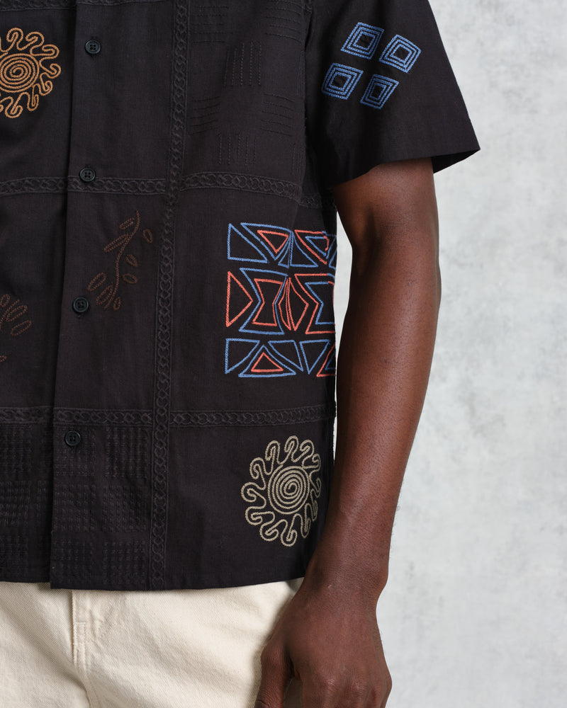 wax london men's Didcot - Navy Doodle Embroidered Short-Sleeve Shirt